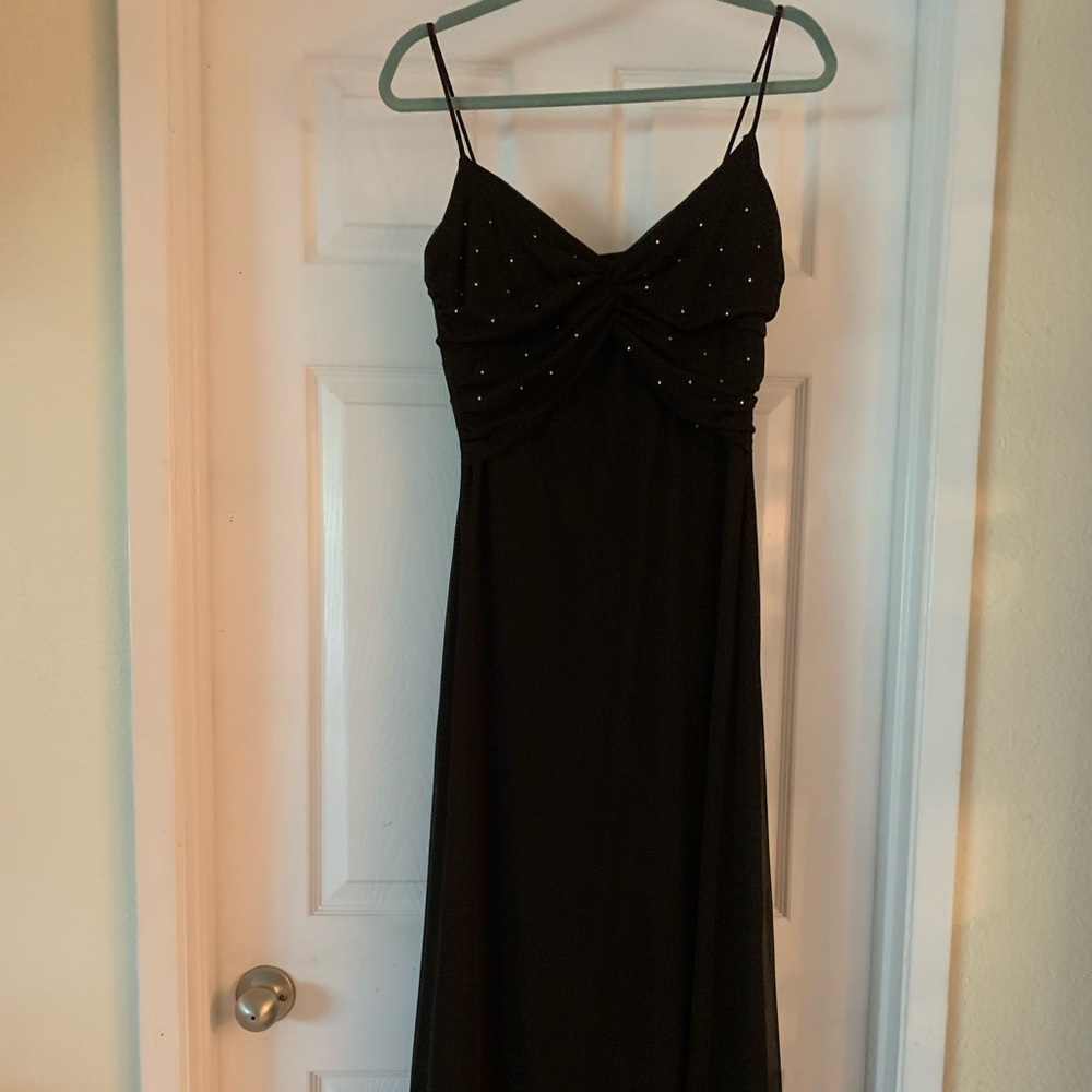 Georgiou long spaghetti strap dress, with diamonds on the front, top area.